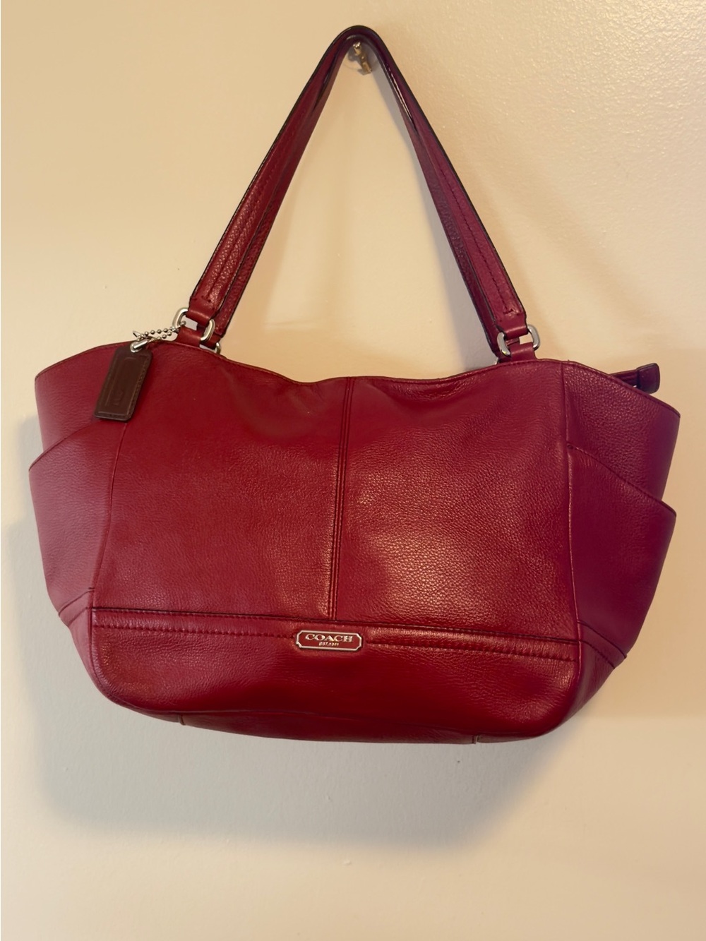 COACH Park Carrie Crimson Red Pebbled Leather Large Tote Shoulder Bag F23284